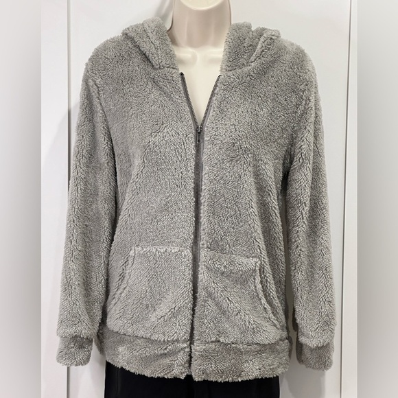 Olivaceous Sherpa Jacket Fleece Teddy Zip Up Hooded Gray Small Comfy Cozy Fuzzy - Picture 1 of 11
